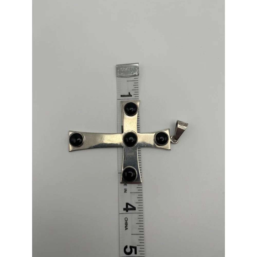Large VTG Taxco Mexico 925 Sterling Silver 925 Black Onyx Cross Pendant